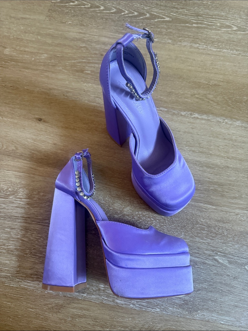 Satin lavender Platform Block Heel Sandals in Purple with Rhinestone Ankle Strap